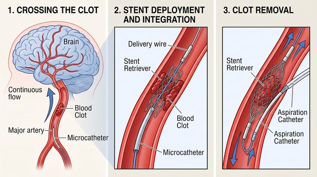 Mechanical thrombectomy procedure stages for brain blood clot removal