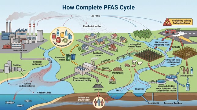 Environmental infographic showing the complete pfas chemical cycle
