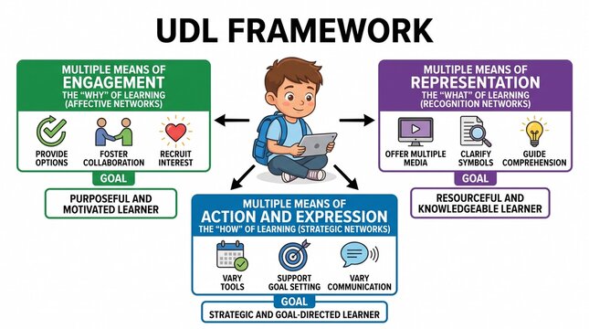 Educational universal design for learning framework infographic