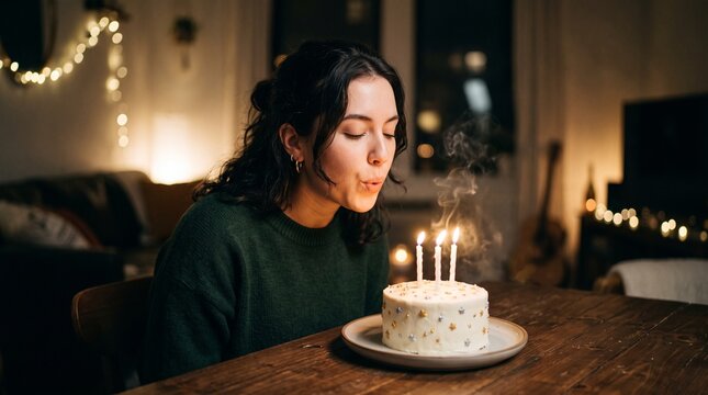 Young Woman Blowing Out Candles on a Birthday Cake in a Cozy Room with Fairy Lights