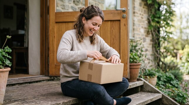 Woman happily opening a delivery package on the porch of her house