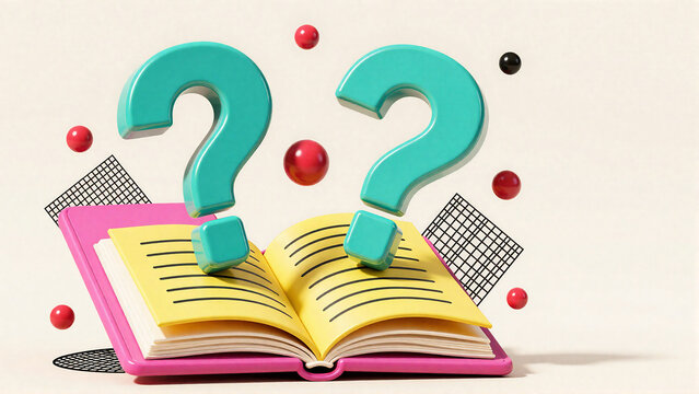 Curiosity personified Question marks hover over an open book, symbolizing learning and inquiry