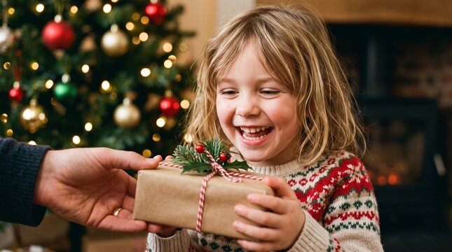 Joyful young child receives a Christmas gift in front of a decorated tree