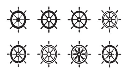 ship steering wheel black icons set isolated on transparent background, nautical rudder silhouette vector elements. © MDIKRAM