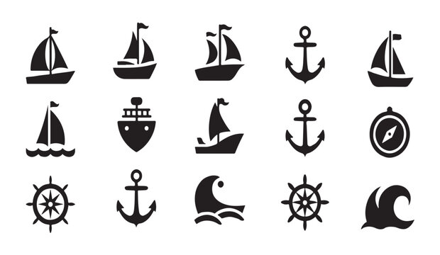 Marine and nautical icons featuring ships anchors compass wheels and waves for sea adventures.
