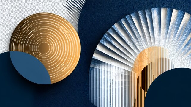 Luxury elegant abstract background with textured geometric shapes, metallic gold circles and pleated fan elements in navy blue