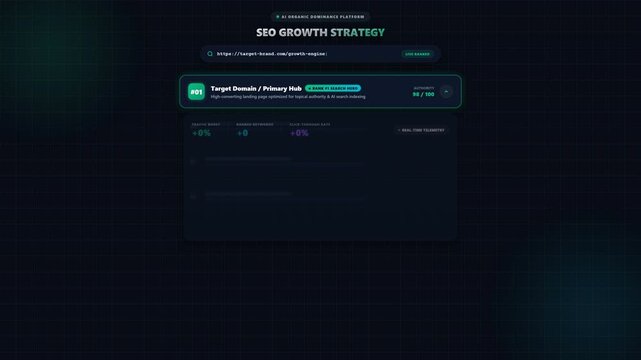 Digital marketing dashboard interface with animated search query and glowing data metrics for professional search engine optimization analysis software display