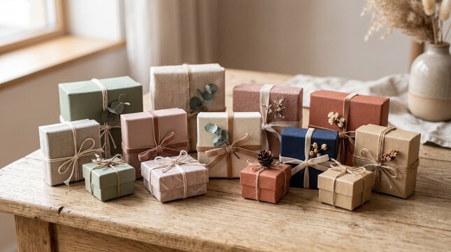 Assortment of beautifully wrapped gift boxes with natural decorations on a wooden table
