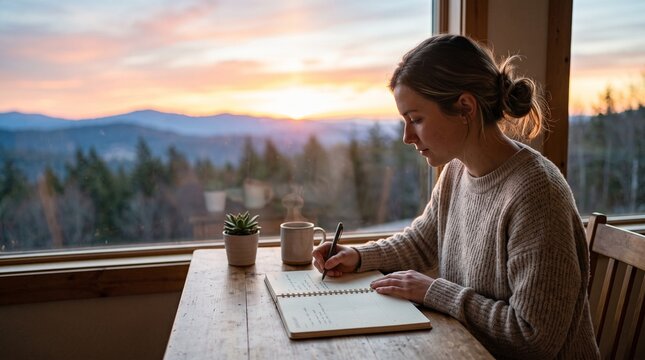 Woman writing in journal at wooden table with steaming coffee and mountain sunset view