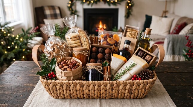 Gourmet Holiday Gift Basket Filled With Assorted Treats And Festive Decorations
