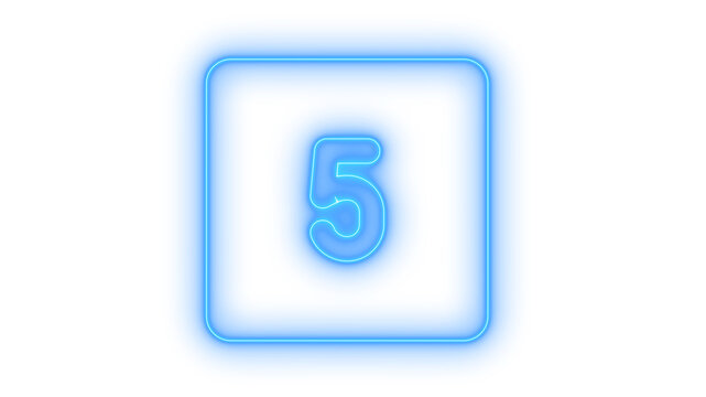 Glowing neon number five in square button icon isolated on transparent background. Numeric symbol. Digit 5. Countdown element. UI design. Blue light sign.