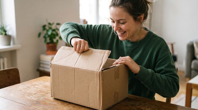 Smiling woman opening a cardboard delivery package at a wooden table indoors