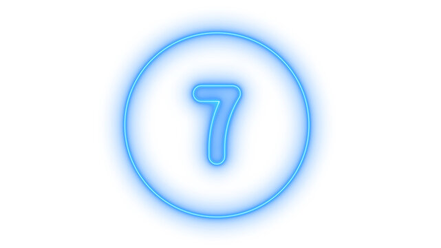 Glowing neon number seven in circle icon isolated on transparent background. Numeric digit. Countdown symbol. Lucky seven sign. Score counter. UI element