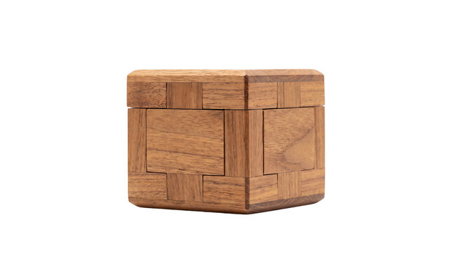 Wooden puzzle box on white background. Handcrafted timber brain teaser cube, interlocking secret compartment box, natural wood logic game
