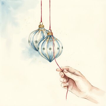 Hand holding a red string with two hanging blue and cream striped vintage christmas ornaments
