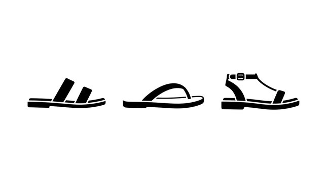 Three black and white flat sandal styles