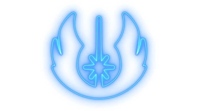 Glowing colorful neon jedi order emblem science fiction warrior order symbol with wings and lightsaber vector illustration isolated on transparent background
