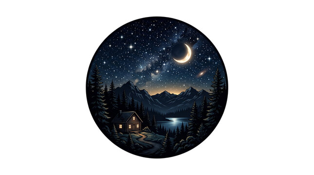 Starry night mountain landscape in circular frame, cozy cabin in pine forest under milky way, crescent moon over wilderness lake isolated PNG with Transparent Background
