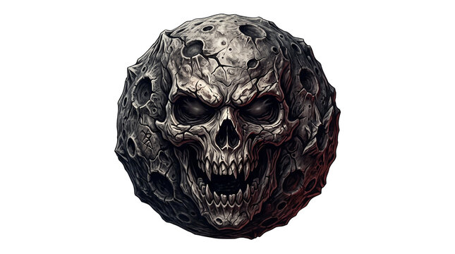 Gothic skull asteroid with cratered surface, dark fantasy moon planet with demonic face, celestial horror rock sculpture isolated PNG with Transparent Background