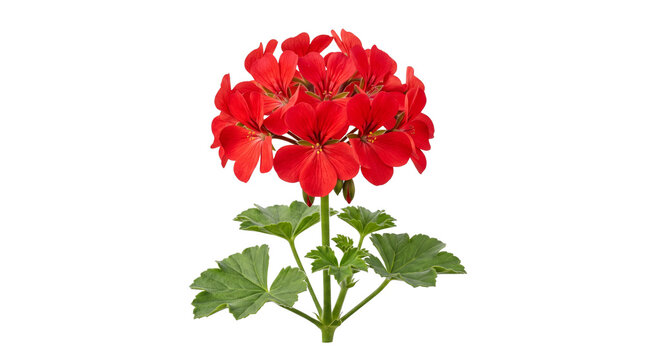 Vibrant red geranium flower with green leaves, blooming pelargonium plant for gardening and botanical design, fresh summer floral element isolated PNG with Transparent Background