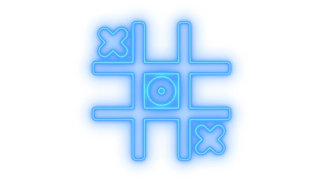 Colorful neon tic tac toe game icon with noughts and crosses board grid symbol isolated on transparent background for classic strategy gaming design elements