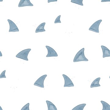 Seamless pattern with watercolor shark fins on a white background