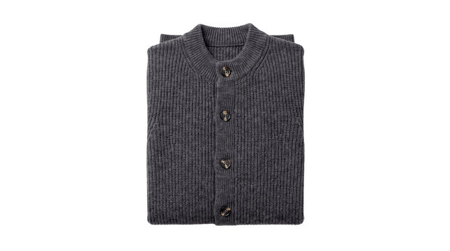 Charcoal grey wool cardigan, folded knit sweater with buttons, warm winter apparel for retail catalog and fashion mockup