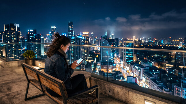 Traveler planning a night route on a rooftop terrace