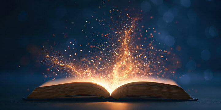 Book with glowing magic sparkles and light energy floating from open pages representing fantasy wisdom and story
