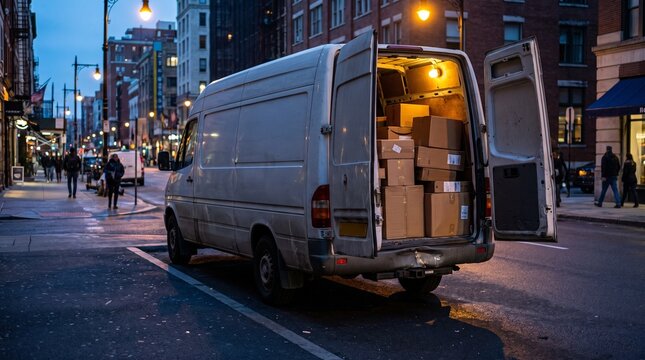 Delivery van parked on city street at dusk with open back filled with packages
