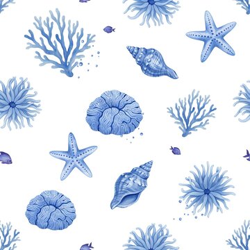 Watercolor seamless pattern with blue marine life including starfish coral and seashells on white