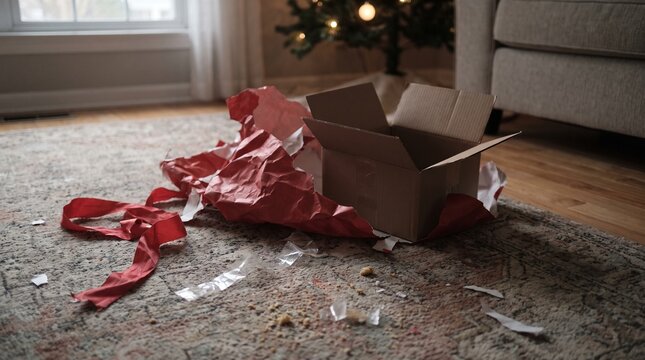 Empty cardboard box and torn wrapping paper on a rug near a Christmas tree