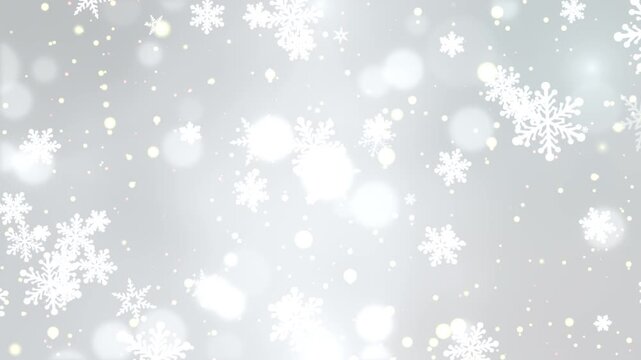 シルバーホワイト背景に舞い散る雪の結晶とキラキラ輝く玉ボケのシームレスループ動画素材 / Snowflake and glowing bokeh loop on silver white gradient background