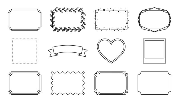 Collection of 12 decorative frames and borders in various styles including floral, geometric, heart, and ribbon shapes for design projects