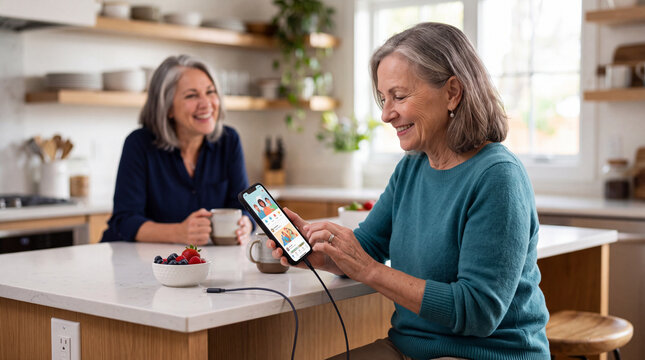 Older woman using smartphone social app at home
