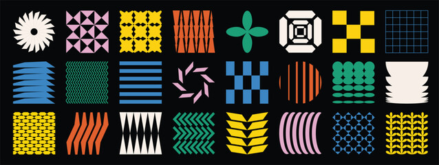 Plakat Colorful abstract geometric elements vector set with retro grids, waves, checks, floral shapes and optical patterns on black for posters and branding