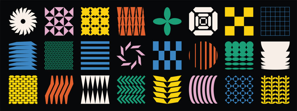 Colorful abstract geometric elements vector set with retro grids, waves, checks, floral shapes and optical patterns on black for posters and branding