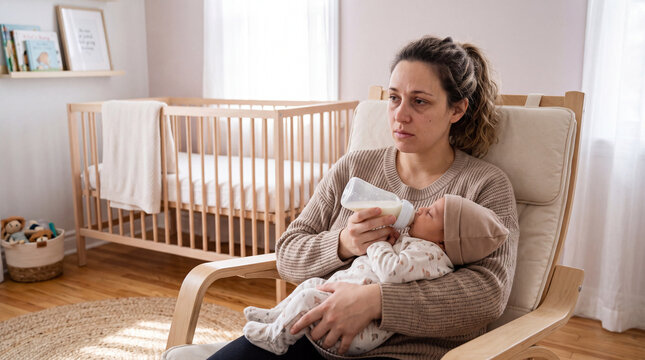 Tired mother feeding baby at night