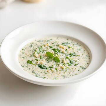Refreshing Cold Yogurt Soup with Grains Herbs Mint and Cucumber Garnished in White Bowl