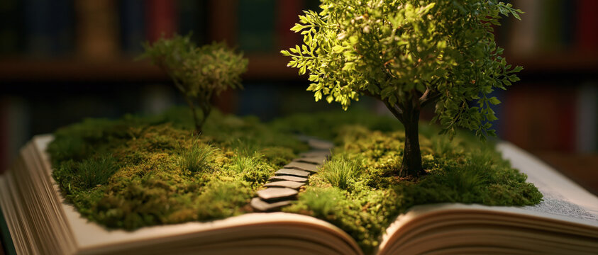Book with a miniature forest growing from pages symbolizing magic imagination nature fantasy and storytelling growth