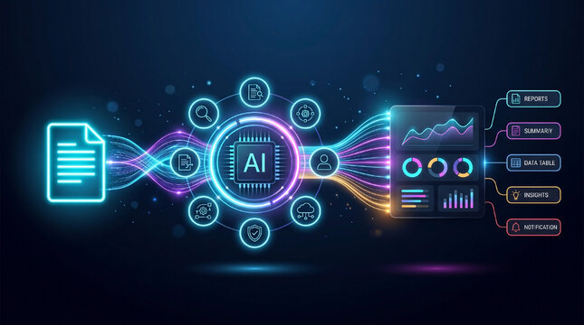 Artificial intelligence document processing workflow converting raw files into data analytics dashboard and business reports.