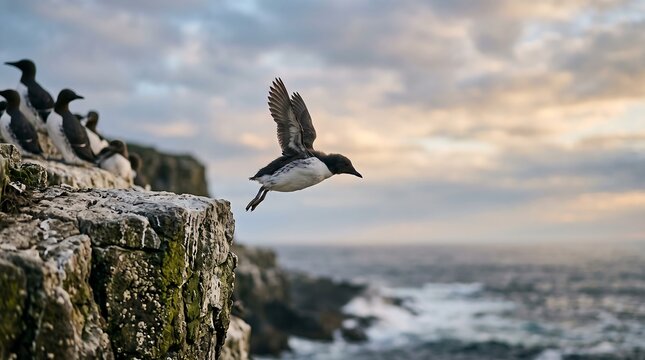baby common murre bird learning to fly from cliff
