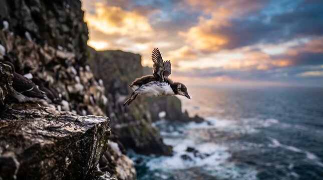 baby common murre bird learning to fly from cliff