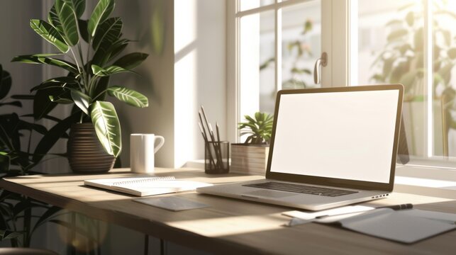 Workspace in a sunlit room with plants and a laptop on a wooden table