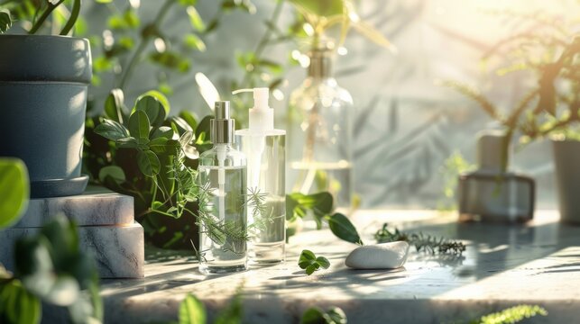 Glass bottles with liquid sit on a table surrounded by plants and sunlight in a natural setting