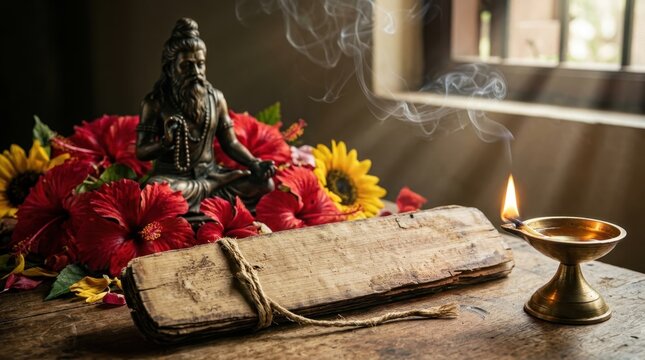 Bronze sage sculpture with ancient manuscript scrolls and oil lamp for cultural festival