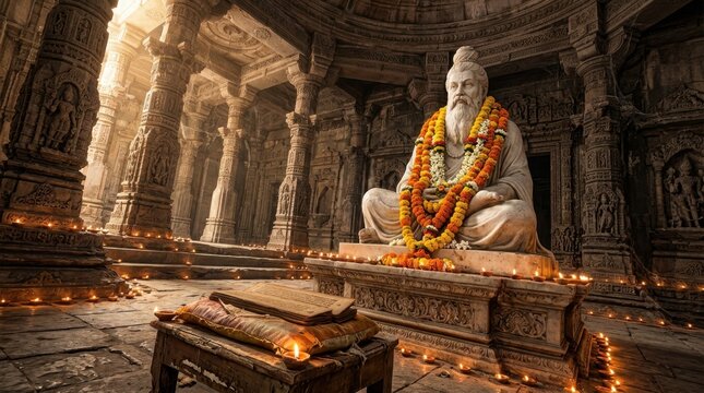 Ancient sage marble statue inside historic temple hall with glowing oil lamps and scriptural manuscript