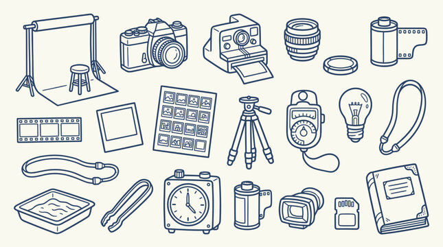 A comprehensive collection of vintage and modern photography equipment and darkroom tools in a detailed line art style.