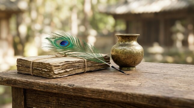 Ancient manuscript stack with peacock feather quill and brass pot on wooden table