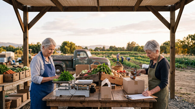 Senior women packing produce for a farm business outdoors